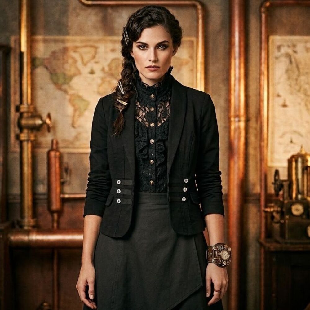 CAbi The Band Military Jacket Womens 6 Black Cotton Fitted Steampunk Whimsigoth